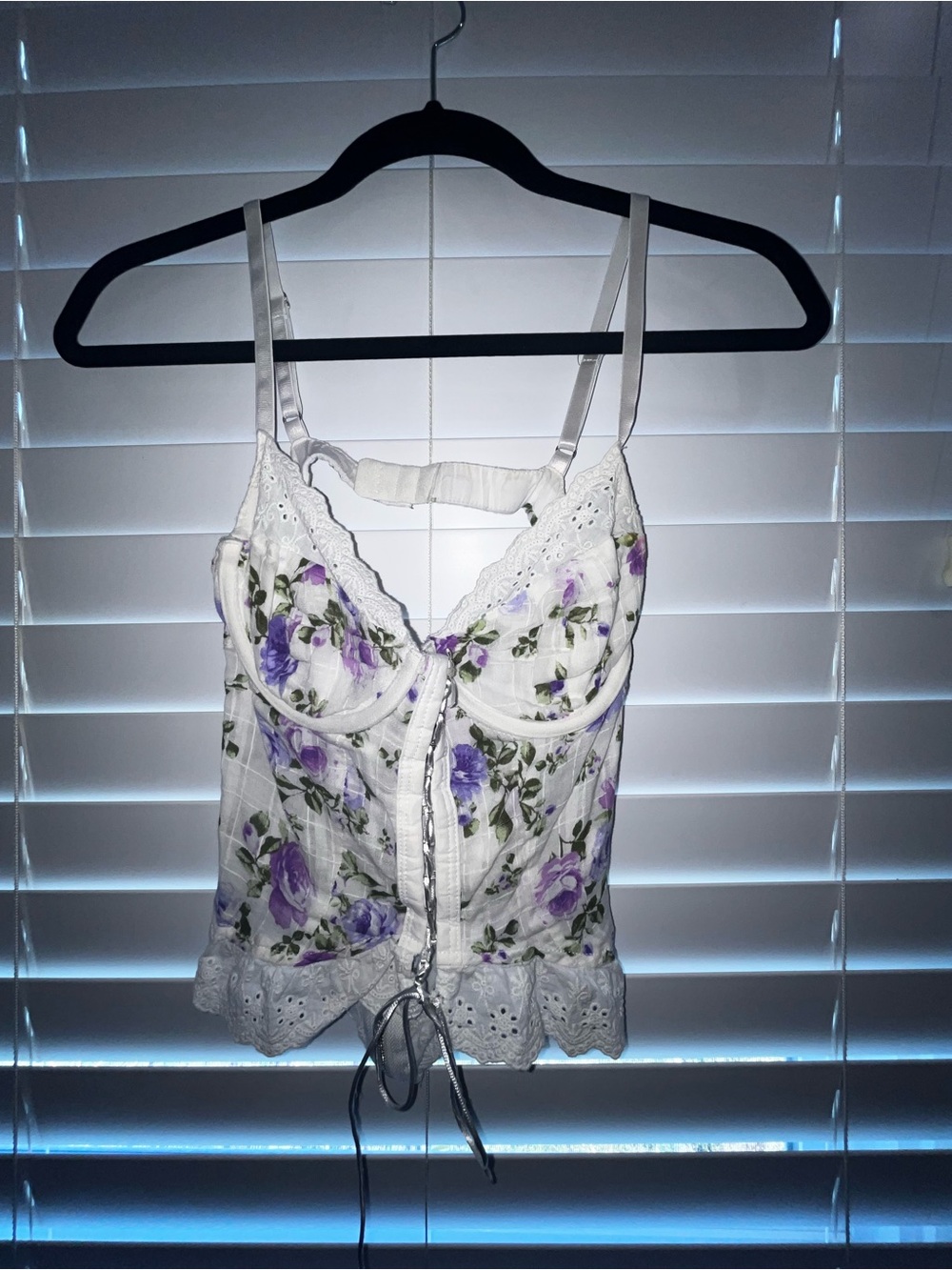 White Floral Lace-Trim Cami Top with Purple Rose Print